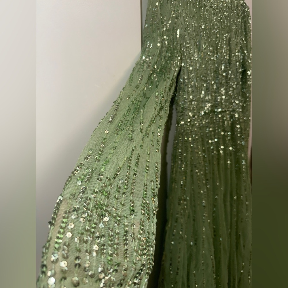 NWT| 5636 Sage Green Illusion High Neck Long Sleeve Embellished Gown Size 10 - Picture 10 of 15